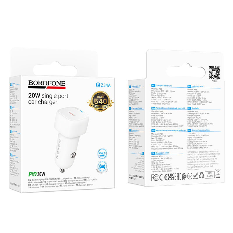Caricabatterie Auto Borofone BZ34A Cloud, 20W, 3A, 1 x USB-C, Bianco