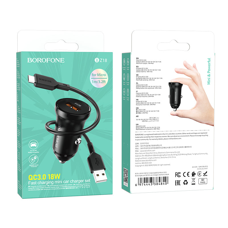 Auto-Ladegerät mit microUSB-Kabel Borofone BZ18, 18W, 3A, 1 x USB-A, Schwarz