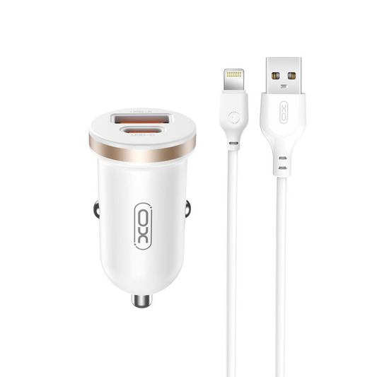 Caricabatterie Auto Con Cavo Lightning XO Design CC56, 30W, 3A, 1 x USB-A - 1 x USB-C, Bianco