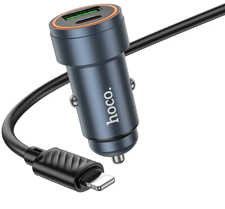Caricabatterie Auto Con Cavo Lightning HOCO Z57A, 30W, 3A, 1 x USB-A - 1 x USB-C, Grigio