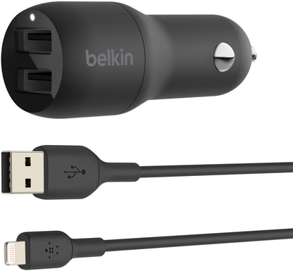 Chargeur Auto Avec Câble Lightning Belkin BoostCharge Dual, 24W, 2.4A, 2 x USB-A, Noir CCD001bt1MBK