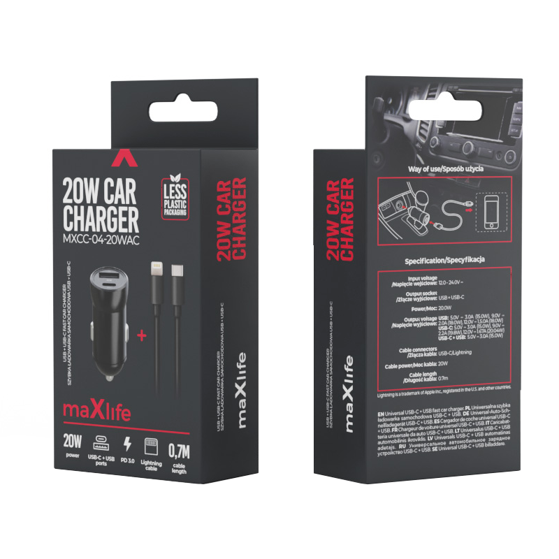 KFZ-Ladegerät mit Lightning-Kabel MaXlife MXCC-04, 20W, 3A, 1 x USB-A - 1 x USB-C, Schwarz
