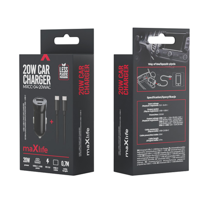 Caricabatterie Auto Con Cavo USB-C MaXlife MXCC-04, 20W, 3A, 1 x USB-A - 1 x USB-C, Nero