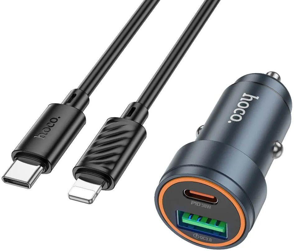 Caricabatterie Auto Con Cavo Lightning HOCO Z57A, 30W, 3A, 1 x USB-A - 1 x USB-C, Grigio