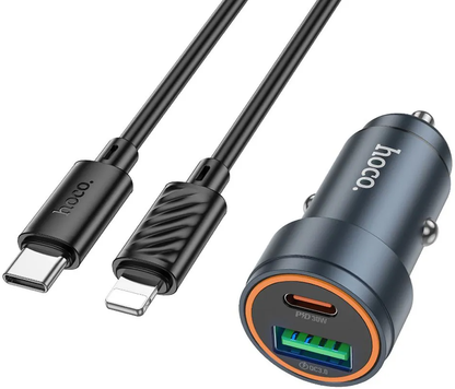 Caricabatterie Auto Con Cavo Lightning HOCO Z57A, 30W, 3A, 1 x USB-A - 1 x USB-C, Grigio