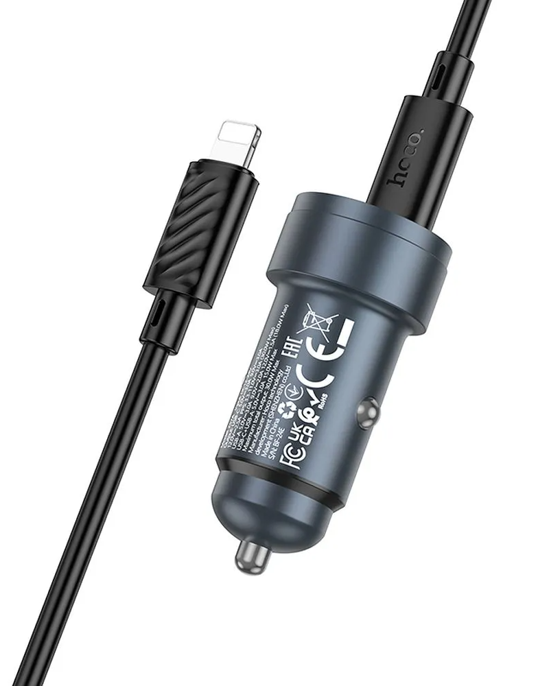 Caricabatterie Auto Con Cavo Lightning HOCO Z57A, 30W, 3A, 1 x USB-A - 1 x USB-C, Grigio