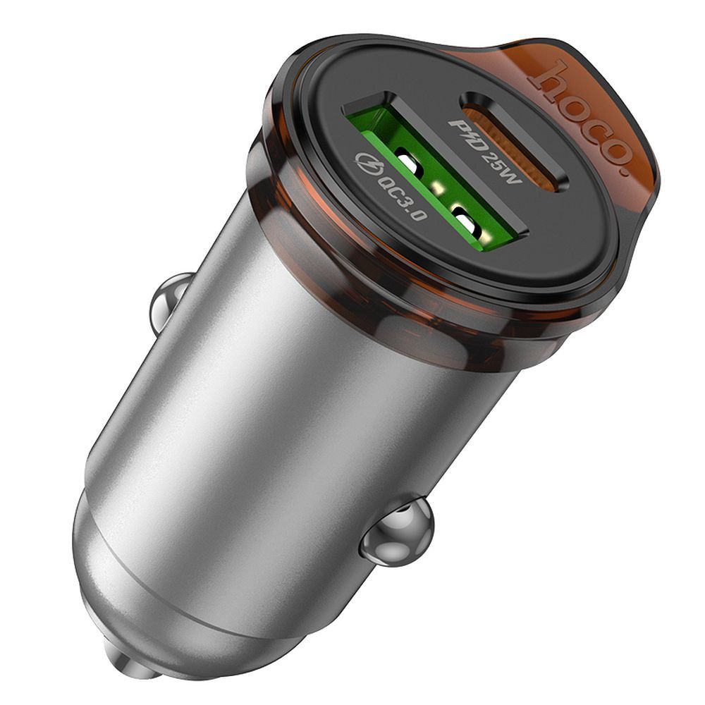 Caricabatterie Auto Con Cavo Lightning HOCO NZ16A, 43W, 3A, 1 x USB-A - 1 x USB-C, Grigio