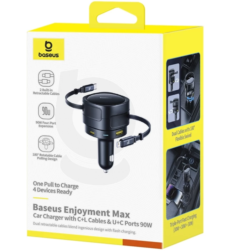 Baseus Enjoyment Max Autoladegerät mit USB-C-/Lightning-Kabel, 90 W, 1 × USB-A – 1 × USB-C, Schwarz C00035507121-02