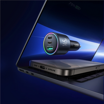 Chargeur de voiture avec câble USB-C Joyroom JR-CCN07, 145W, 5A, 1 x USB-A - 2 x USB-C, Gris