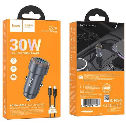 Caricabatterie Auto Con Cavo Lightning HOCO Z57A, 30W, 3A, 1 x USB-A - 1 x USB-C, Grigio
