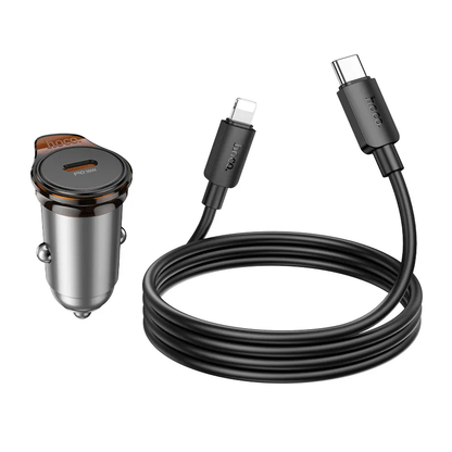 Chargeur de voiture avec câble Lightning HOCO NZ16, 30W, 3A, 1 x USB-C, Gris