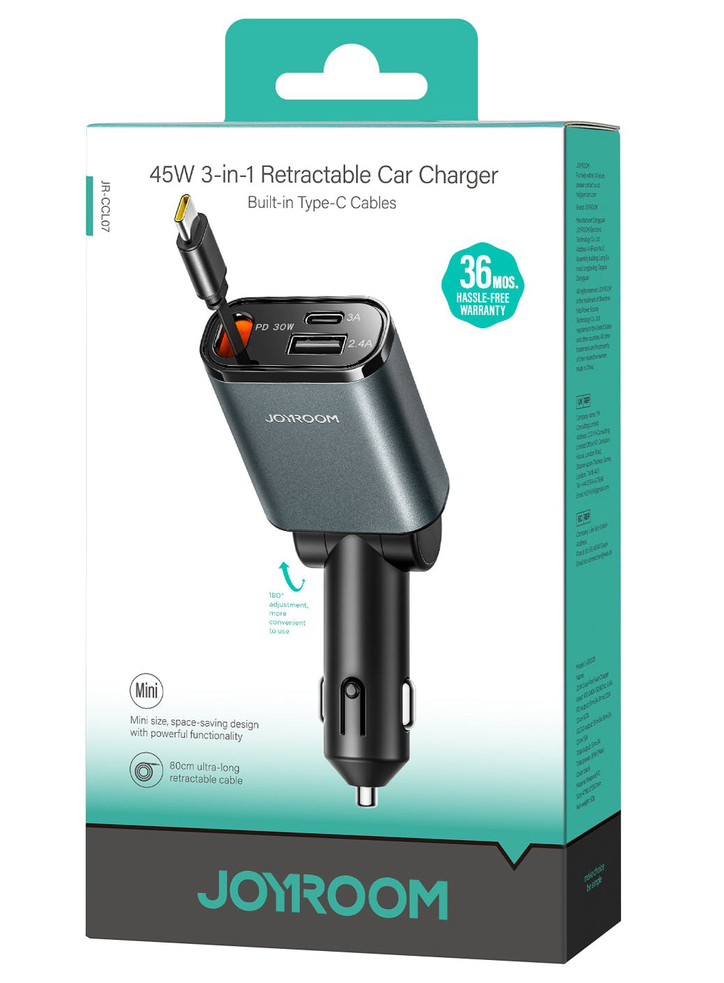 Auto-Ladegerät mit USB-C Kabel Joyroom JR-CCL07, 30W, 3A, 1 x USB-A - 1 x USB-C, Grau
