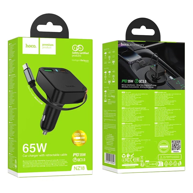 Caricabatterie Auto Con Cavo USB-C HOCO NZ18, 65W, 3A, 1 x USB-A - 1 x USB-C, Nero
