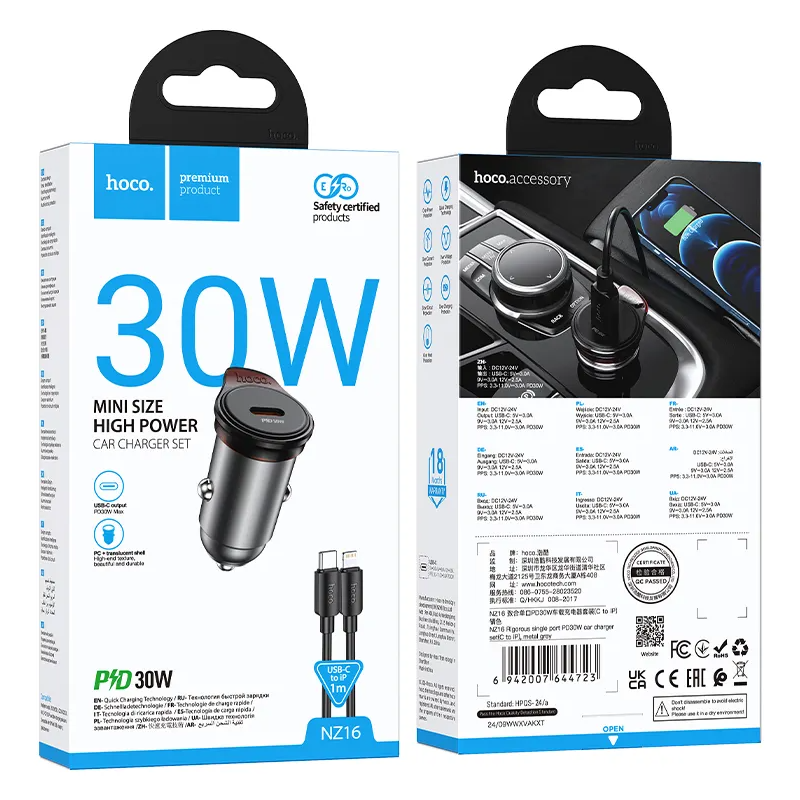 Chargeur de voiture avec câble Lightning HOCO NZ16, 30W, 3A, 1 x USB-C, Gris