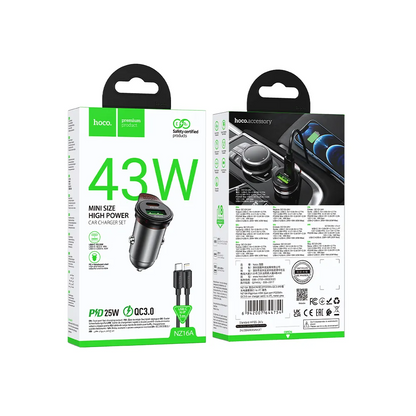 Caricabatterie Auto Con Cavo Lightning HOCO NZ16A, 43W, 3A, 1 x USB-A - 1 x USB-C, Grigio