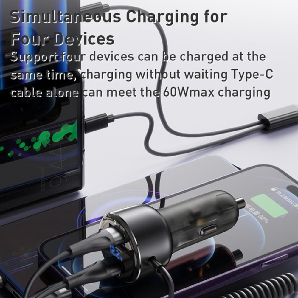 Chargeur de voiture avec câble USB-C / Lightning Yesido Y58 Display, 60W, 3A, 1 x USB-A - 1 x USB-C, Gris