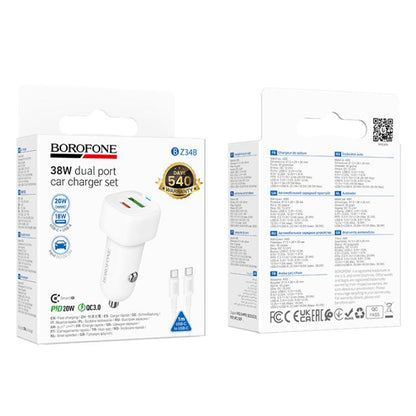 Chargeur de voiture avec câble USB-C Borofone BZ34B Cloud, 20W, 3A, 1 x USB-A - 1 x USB-C, Blanc