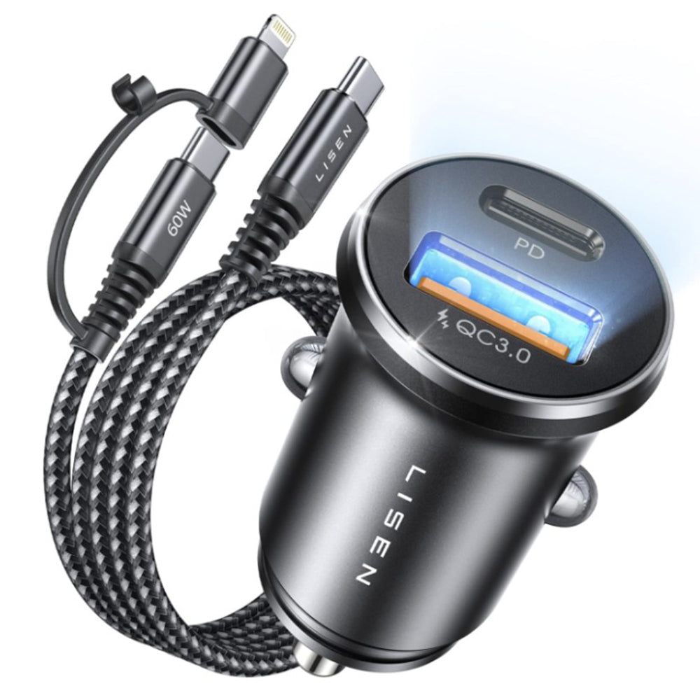 Caricabatterie Auto Con Cavo USB-C / Lightning Lisen, 48W, 3A, 1 x USB-A - 1 x USB-C, Nero YL0223080035