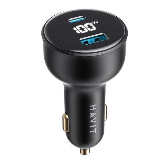 Chargeur Auto HAVIT CC100W Display, 100W, 5A, 1 x USB-A - 1 x USB-C, Noir