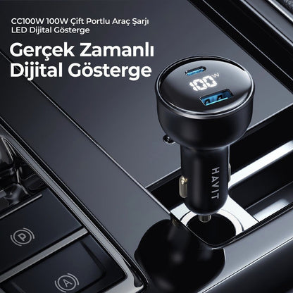 Auto-Ladegerät HAVIT CC100W Display, 100W, 5A, 1 x USB-A - 1 x USB-C, Schwarz