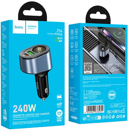 Auto-Ladegerät HOCO Z56, 35W, 3A, 1 x USB-A - 1 x USB-C - 1 x Zigarettenanzünder-Verlängerung, Schwarz