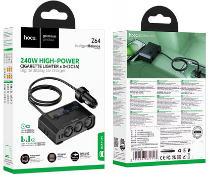 Auto-Ladegerät HOCO Z64, 15.5W, 3.1A, 2 x USB-A - 2 x USB-C - 3 x Zigarettenanzünder-Verlängerung, Schwarz