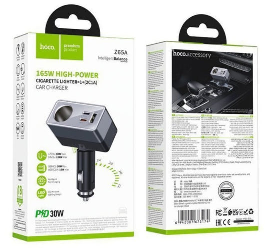 Caricatore Auto HOCO Z65A, 165W, 3A, 1 x Presa Accendisigari - 1 x USB-A - 2 x USB-C, Nero