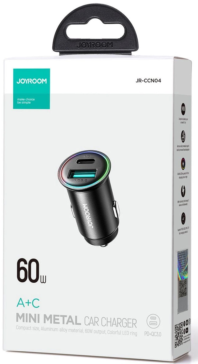 Caricabatterie Auto Joyroom JR-CCN04, 60W, 3A, 1 x USB-A - 1 x USB-C, Nero
