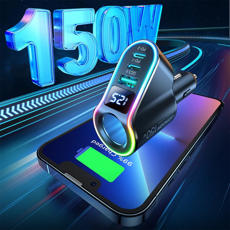 Auto-Ladegerät Joyroom JR-CL21, 150W, 3A, 1 x Zigarettenanzünder-Verlängerung - 1 x USB-A - 2 x USB-C, Schwarz