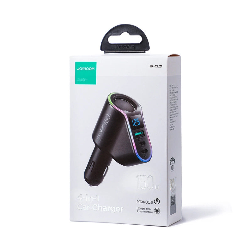 Auto-Ladegerät Joyroom JR-CL21, 150W, 3A, 1 x Zigarettenanzünder-Verlängerung - 1 x USB-A - 2 x USB-C, Schwarz