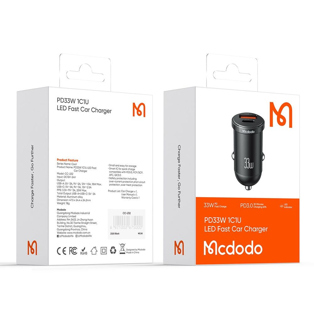 Auto-Ladegerät McDodo CC-2320 Cool, 33W, 3A, 1 x USB-A - 1 x USB-C, Schwarz
