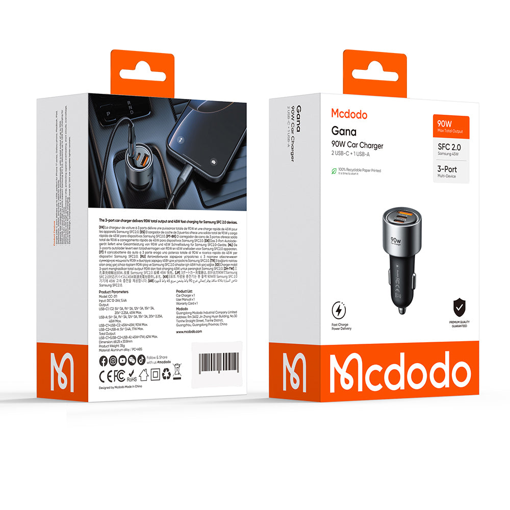 Caricatore Auto McDodo CC-3110 Gana, 90W, 3A, 1 x USB-A - 2 x USB-C, Nero