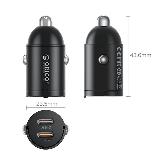Caricatore Auto Orico MiniRing, 30W, 3A, 2 x USB-C, Nero