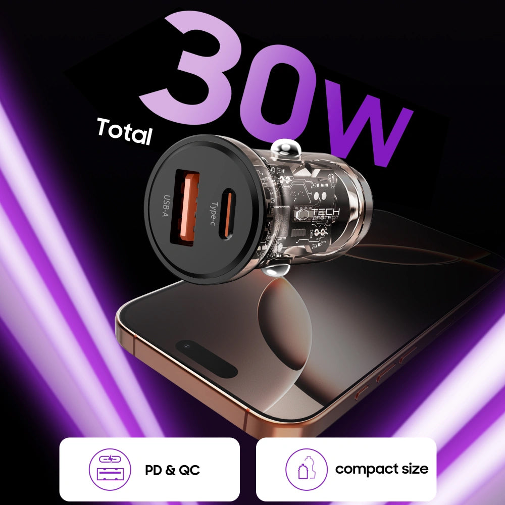 Chargeur Auto Tech-Protect CC01, 30W, 3A, 1 x USB-A - 1 x USB-C, Noir