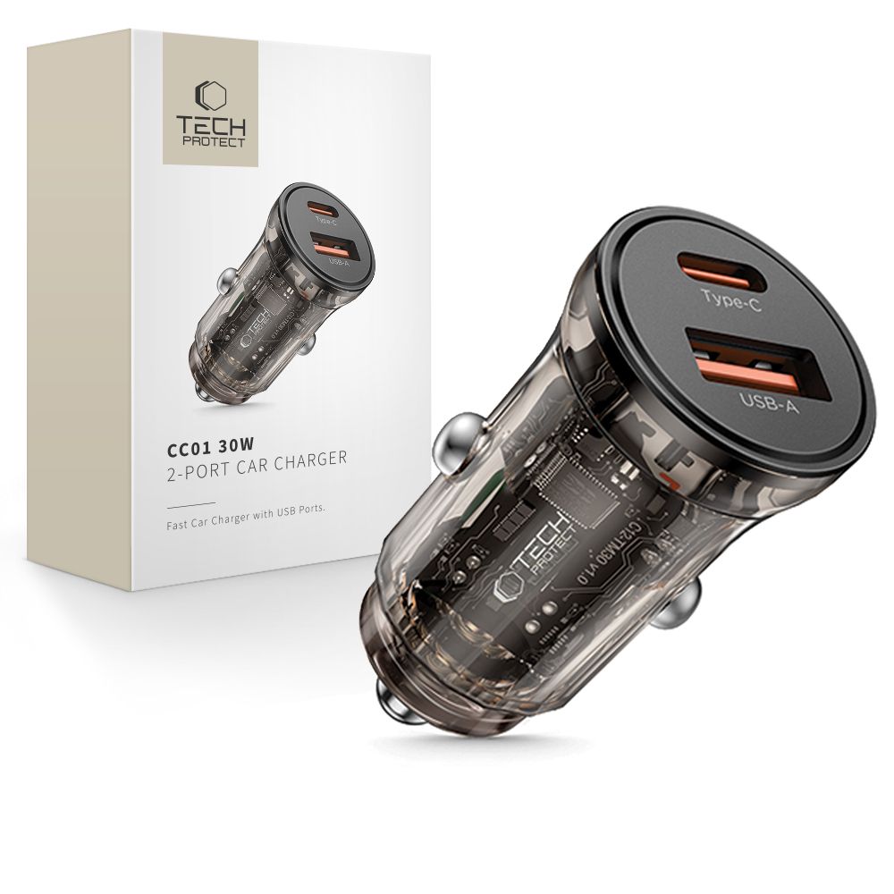 Chargeur Auto Tech-Protect CC01, 30W, 3A, 1 x USB-A - 1 x USB-C, Noir