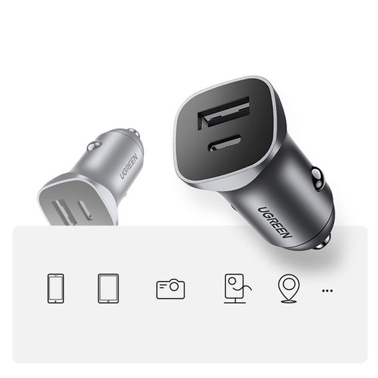 Caricabatterie Auto UGREEN CD130, 24W, 3A, 1 x USB-A - 1 x USB-C, Grigio