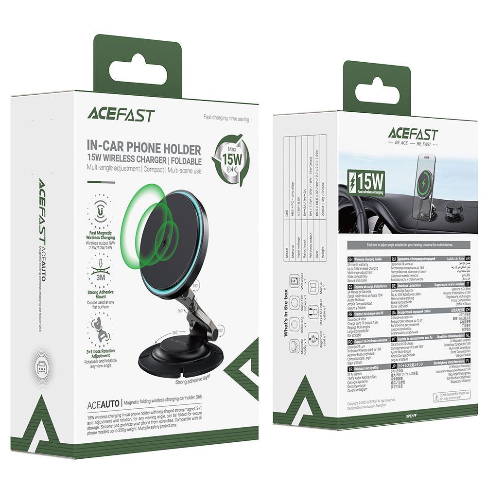 Caricabatterie Auto Wireless Acefast D65, 15W, 1.67A, Nero