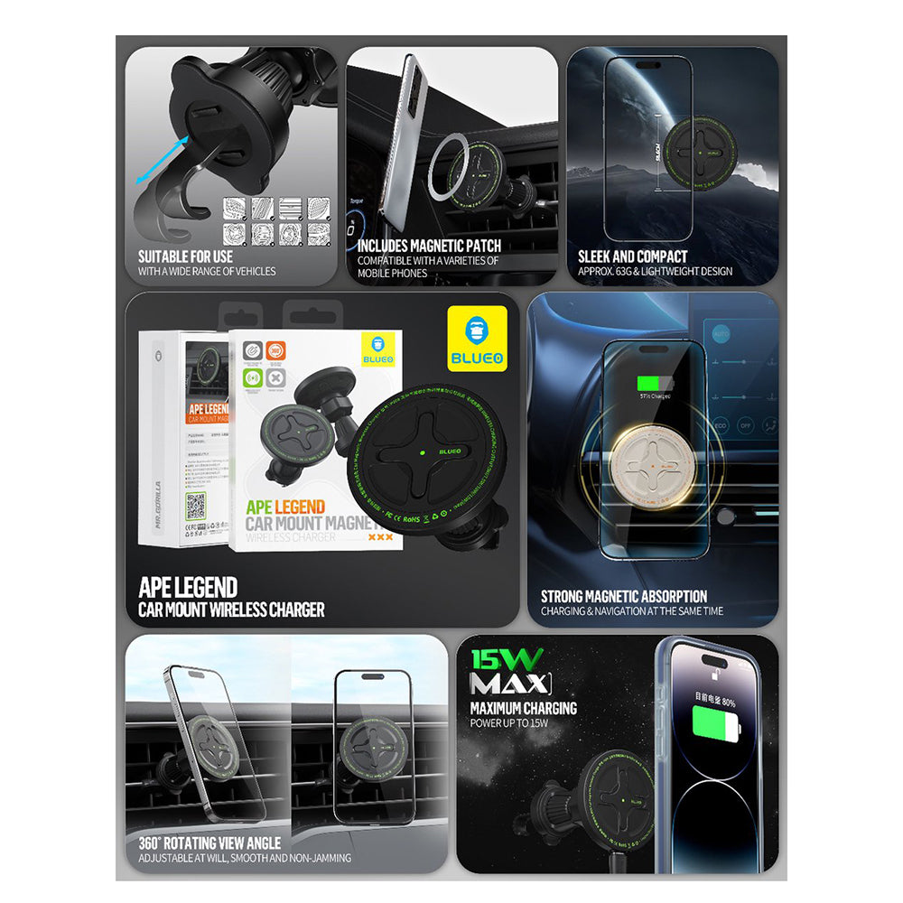 Chargeur Auto Sans Fil Blueo Ape Legend, 15W, 1.67A, Noir