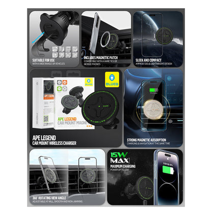 Chargeur Auto Sans Fil Blueo Ape Legend, 15W, 1.67A, Noir