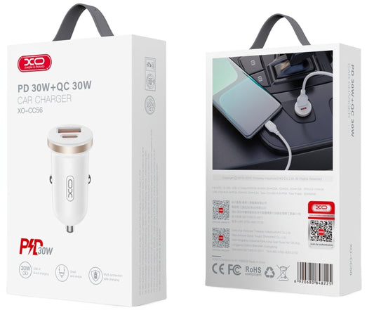Chargeur de voiture XO Design CC56, 30W, 3A, 1 x USB-A - 1 x USB-C, Blanc