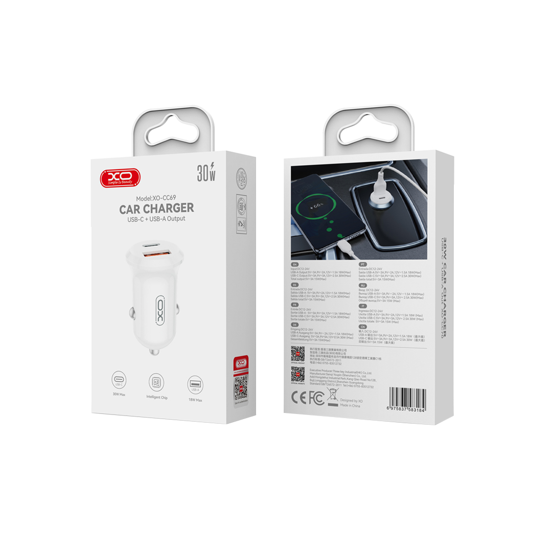 Auto-Ladegerät XO Design CC69, 30W, 3A, 1 x USB-A - 1 x USB-C, Weiß