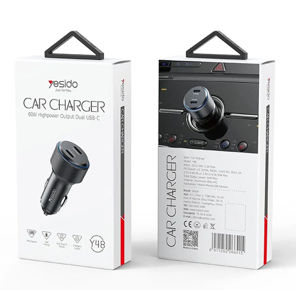 Auto-Ladegerät Yesido Y48, 60W, 3A, 2 x USB-C, Schwarz