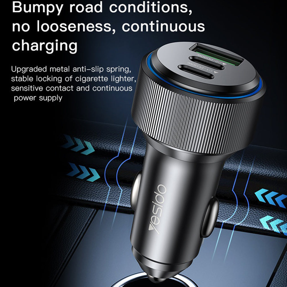 Chargeur de voiture Yesido Y50, 60W, 3A, 1 x USB-A - 2 x USB-C, Noir