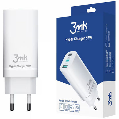 3MK HyperCharger Netzladegerät, 65W, 5A, 1 x USB-A - 2 x USB-C, Weiß