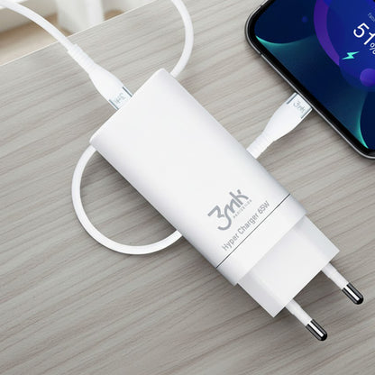 3MK HyperCharger Netzladegerät, 65W, 5A, 1 x USB-A - 2 x USB-C, Weiß