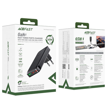 Chargeur Réseau Acefast A100, 65W, 3.25A, 1 x USB-A - 2 x USB-C, Noir