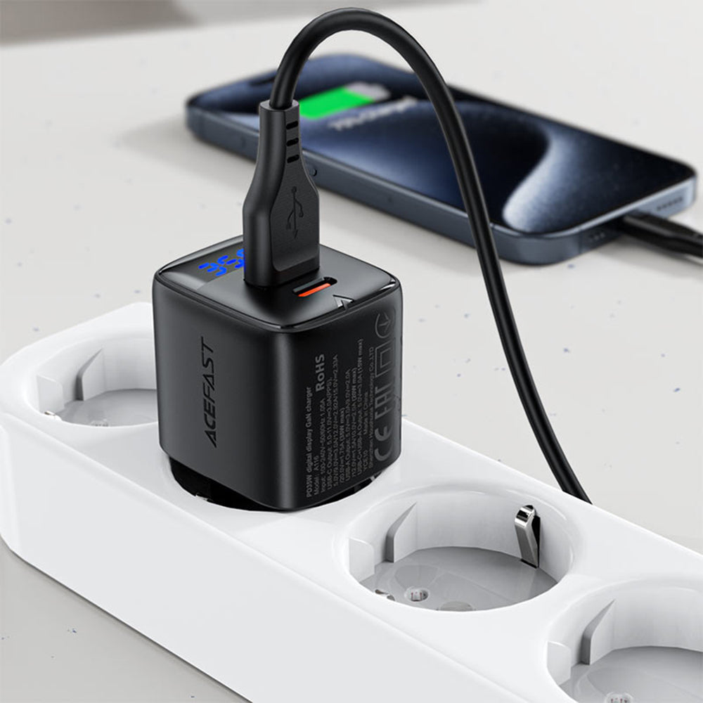 Netzladegerät Acefast A116 Display, 35W, 3A, 1 x USB-A - 1 x USB-C, Schwarz