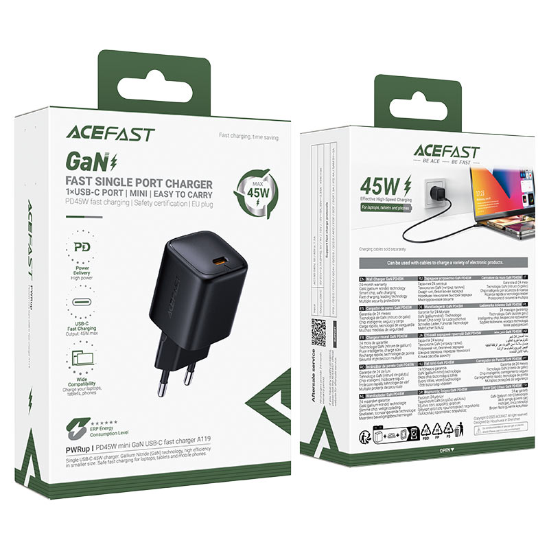 Caricabatterie da rete Acefast A119, 45W, 3A, 1 x USB-C, Nero