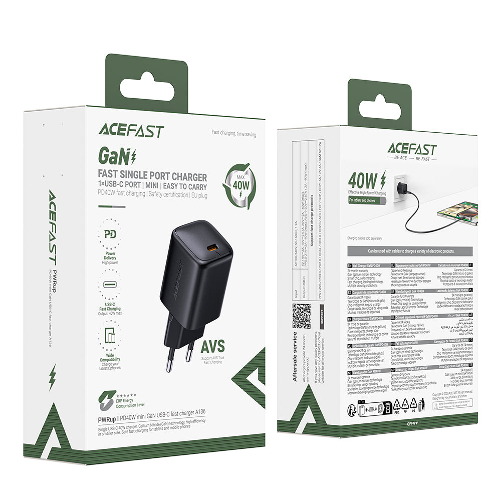 Netzladegerät Acefast A136, 40W, 3A, 1 x USB-C, Schwarz