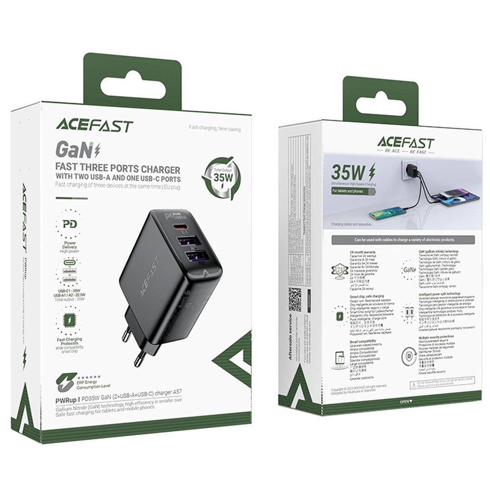 Caricabatterie Retea Acefast A57, 35W, 3A, 2 x USB-A - 1 x USB-C, Nero